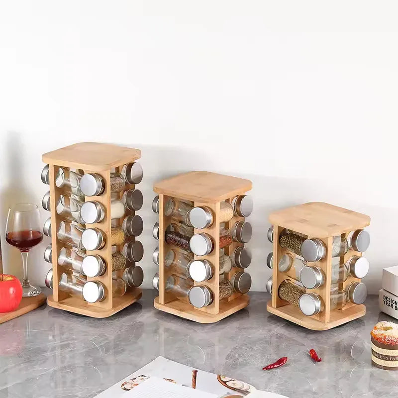 Bamboo Spice Rack Organizer with Glass Jars - Clarify.pk