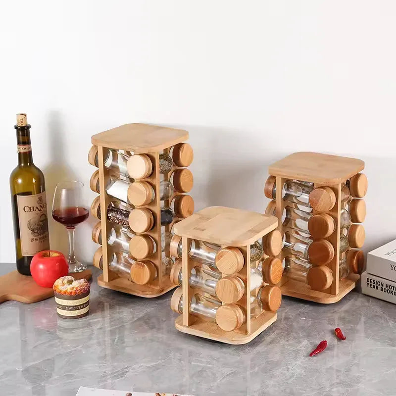 Bamboo Spice Rack Organizer with Glass Jars - Clarify.pk