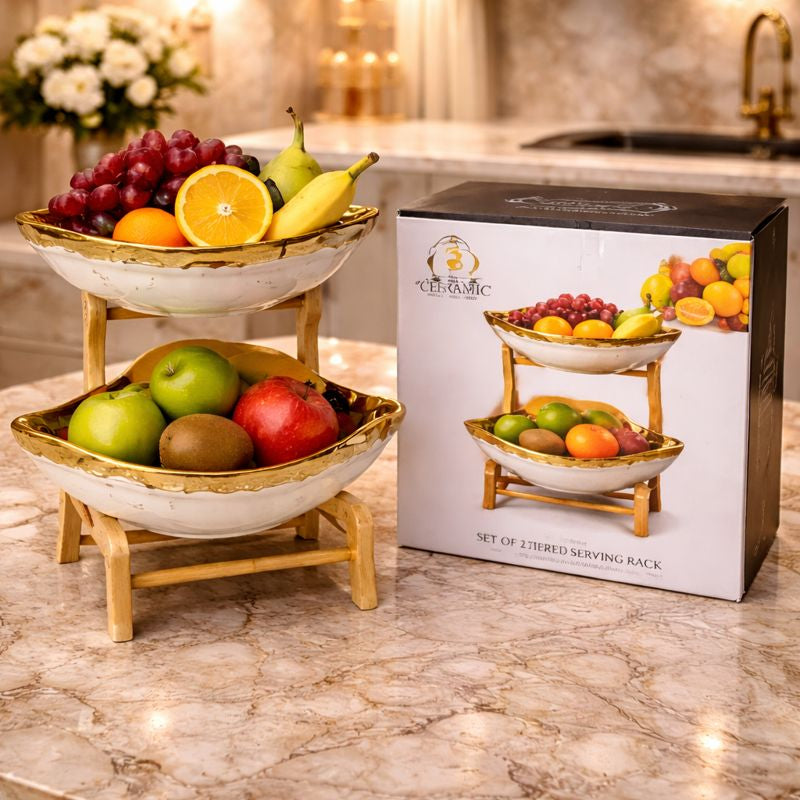 2-Tier Luxury Gold-Rimmed Ceramic Fruit Basket – Double Decker Serving Bowls with Sturdy Bamboo Rack - Trenducts.pk