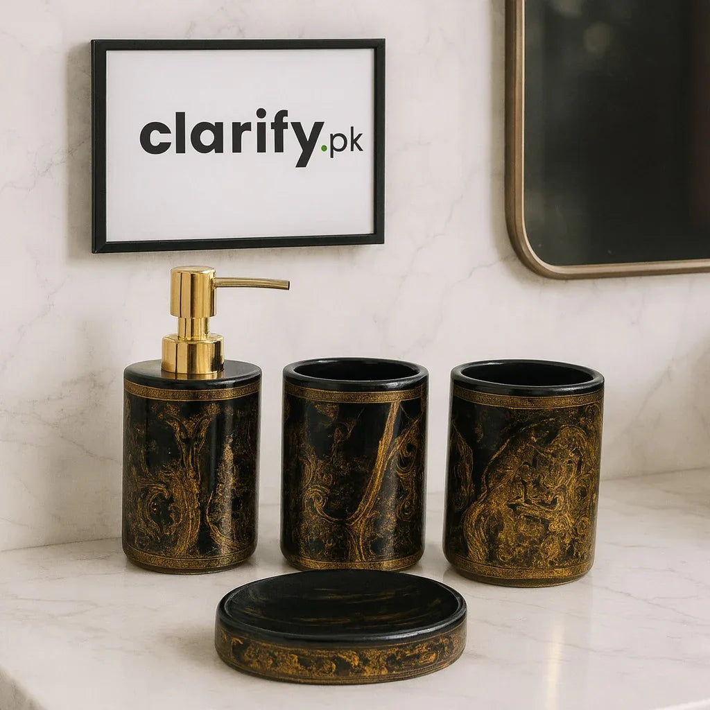 4-Piece Luxury Bathroom Set - Black & Gold Marble Design - Clarify.pk