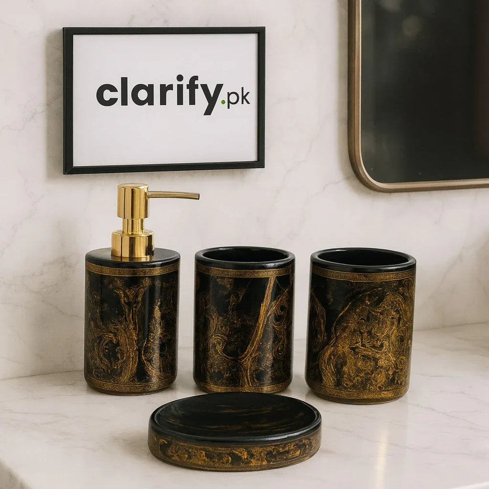 4-Piece Luxury Bathroom Set - Black & Gold Marble Design - Clarify.pk