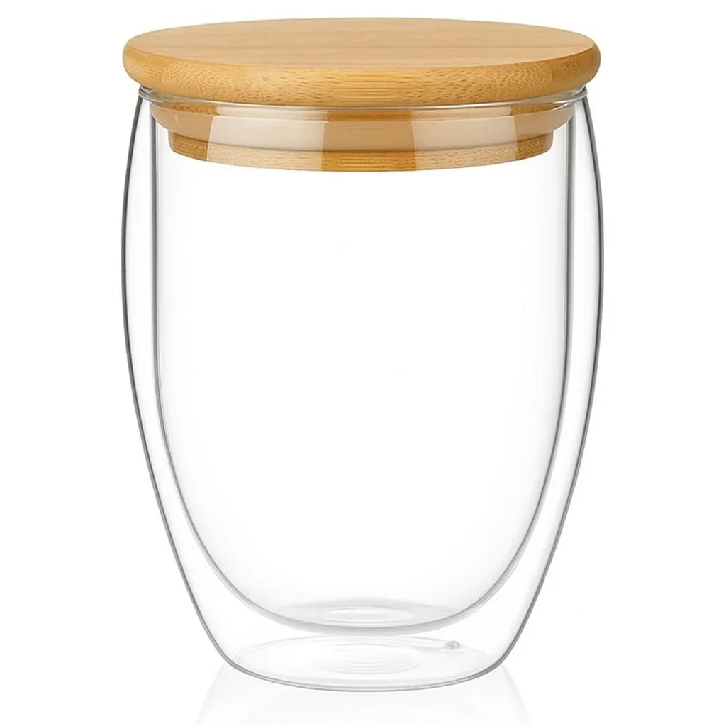 Double-Walled Glass Coffee Cup with Wooden Lid – Premium - Clarify.pk