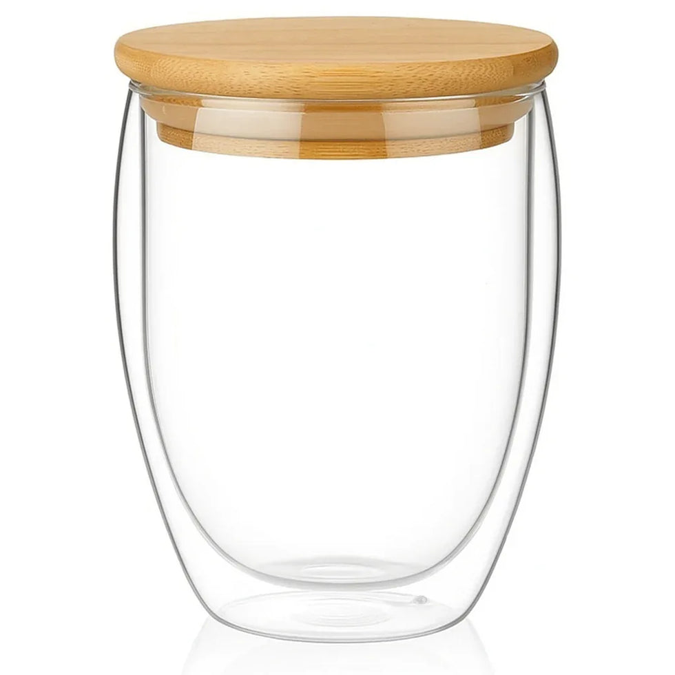 Double-Walled Glass Coffee Cup with Wooden Lid – Premium - Clarify.pk