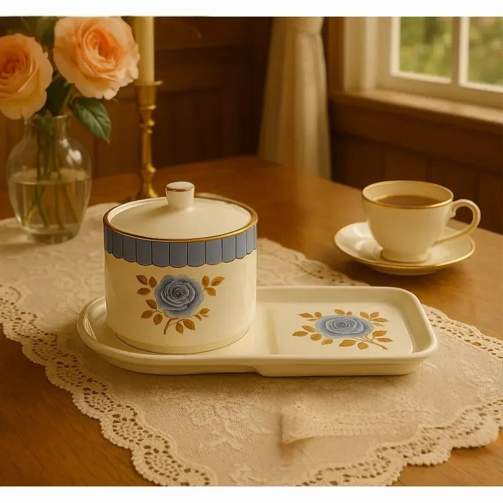 Blue Rose Ceramic Condiment Set with Tray - Clarify.pk