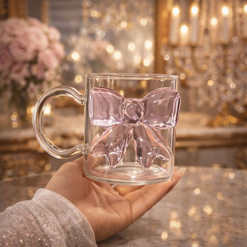 Transparent glass cup with a large 3D pink glass bow attached to the side, available with or without a handle.