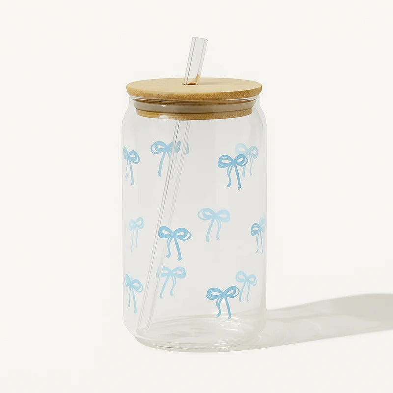 Bow Style Mason Jar – Aesthetic Glass Tumbler with Bamboo Lid MJ