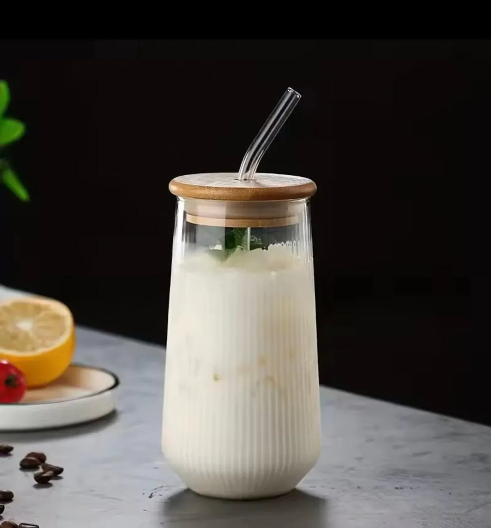 Ribbed Glass Cup with Wooden Lid & Glass Straw - Clarify.pk