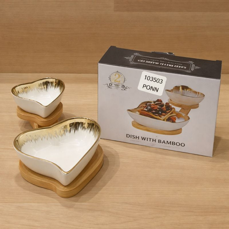 Heart-Shaped Gold-Rimmed Ceramic Serving Set – 2-Piece Aesthetic Snack Bowls with Natural Bamboo Bases - Trenducts.pk