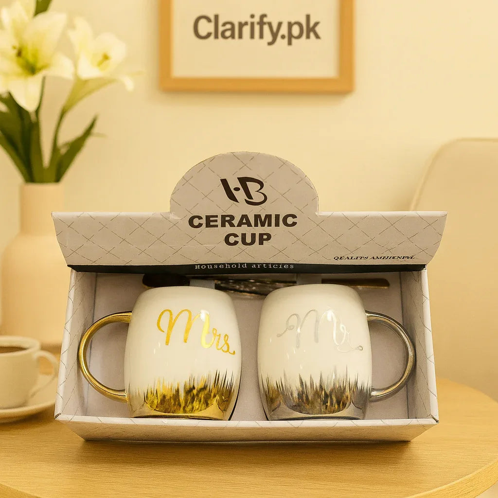 Ceramic Couple Mugs - Mr. & Mrs. Gold Handle - Clarify.pk