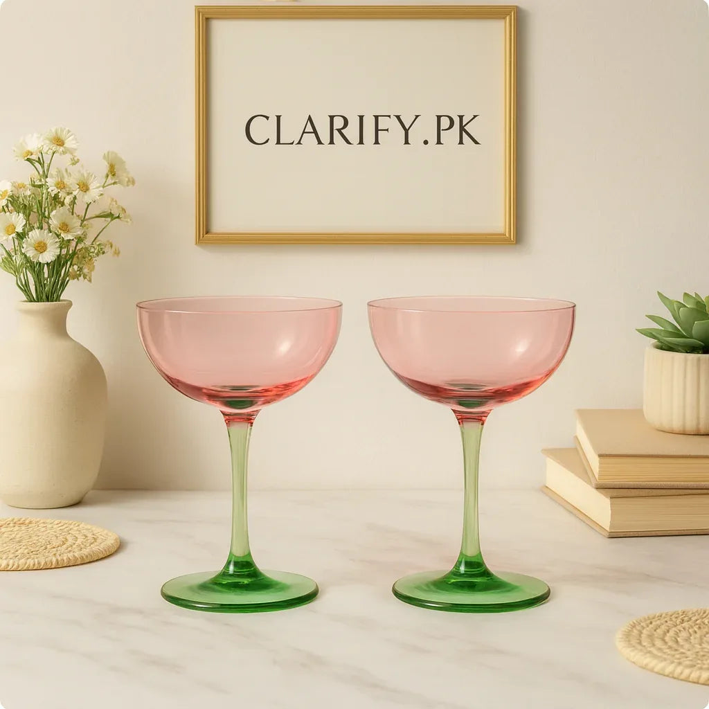 Elegant Pink & Green Coupe Glass Set - 2pc Elegant - Clarify.pk