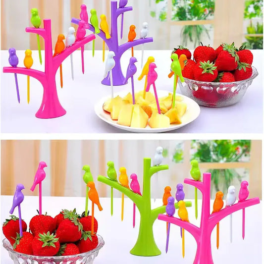 6 pieces Creative Fruit Forks Set with Colorful Bird Stand - Clarify.pk