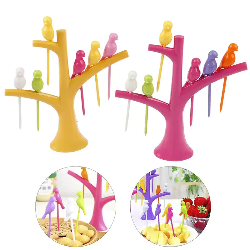 6 pieces Creative Fruit Forks Set with Colorful Bird Stand - Clarify.pk
