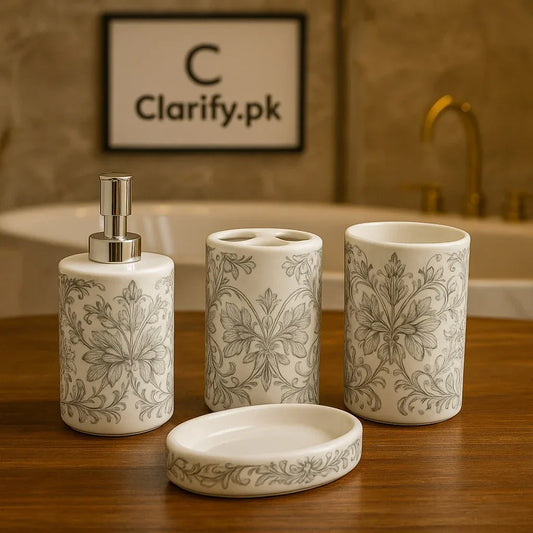 4-Piece Luxury Bathroom Set – White & Grey Floral Design (Random print) - Clarify.pk