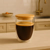 Double-Walled Glass Coffee Cup with Wooden Lid – Premium - Clarify.pk