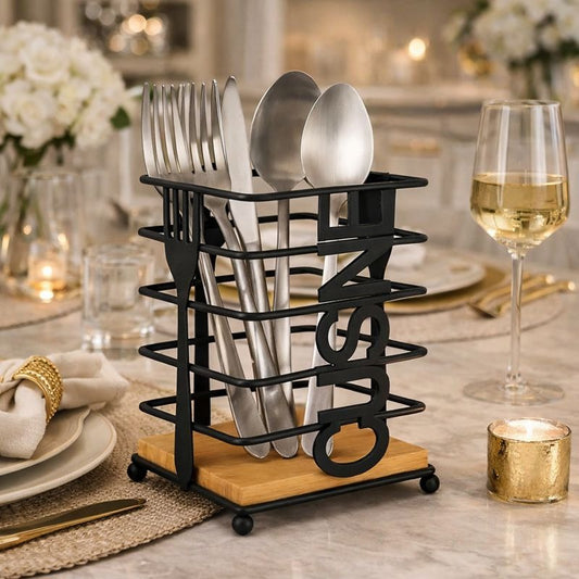 Modern Metallic & Oak Square Spoon Holder – Industrial-Chic Cutlery Organizer MJ