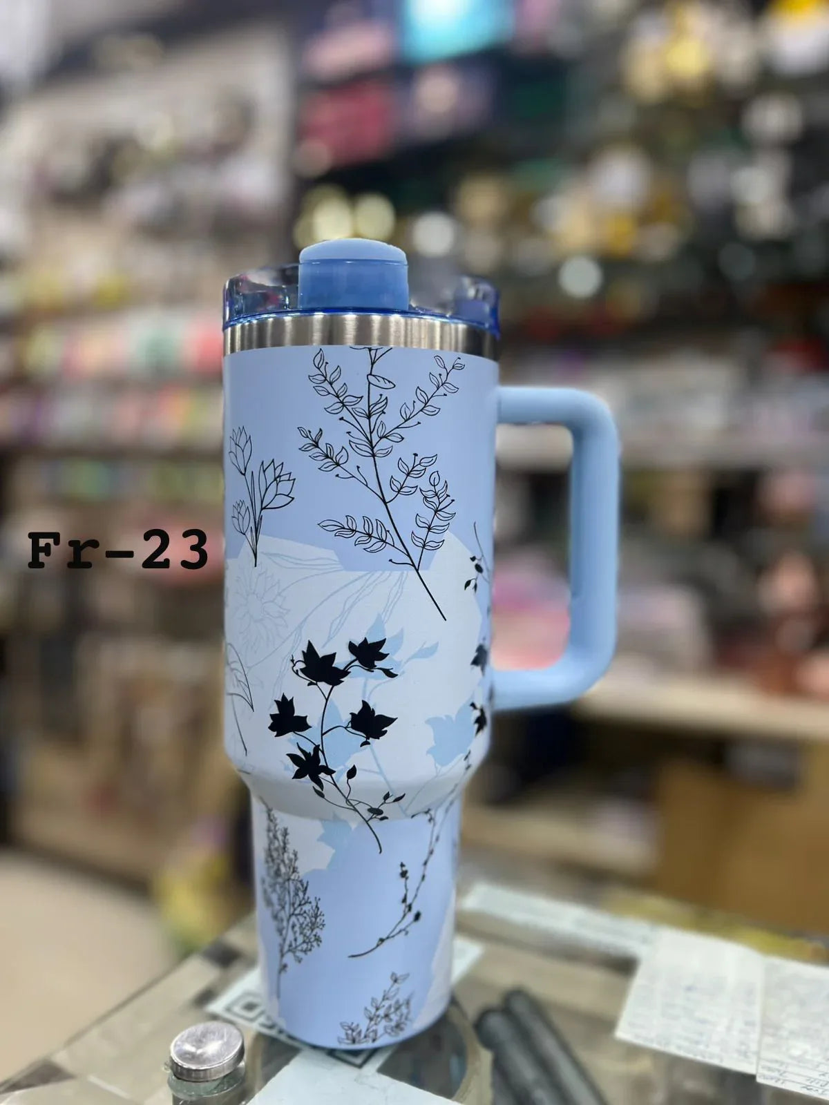 Premium Blue Leaf Sketch 40oz Tumbler With Handle – 1200ml - Clarify.pk