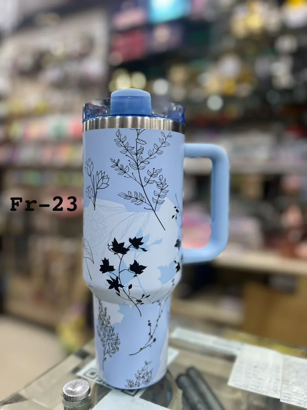 Premium Blue Leaf Sketch 40oz Tumbler With Handle – 1200ml - Clarify.pk