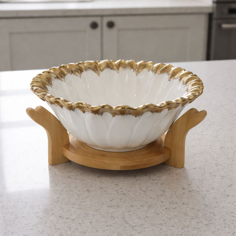 Premium Scalloped Gold-Trimmed Ceramic Fruit Bowl – 8" Aesthetic Centerpiece with Natural Wood Stand - Trenducts.pk