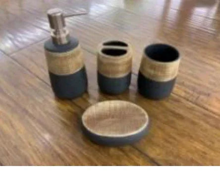 4Pcs Luxury Brown & Black Wooden Look Bath Set – Premium Bathroom Décor - Clarify.pk
