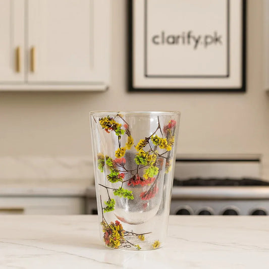 Premium Floral Double Wall Glass Cup – Heat Resistant - Clarify.pk