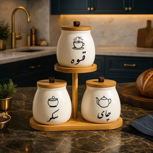Arabic Tea Coffee Sugar Ceramic Canister Set with Wooden Rack - Clarify.pk