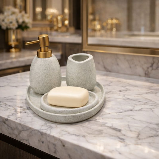 Luxury 4-Piece Stone-Textured Ceramic Bathroom Set – Modern Minimalist Set with Gold Pump - Trenducts.pk