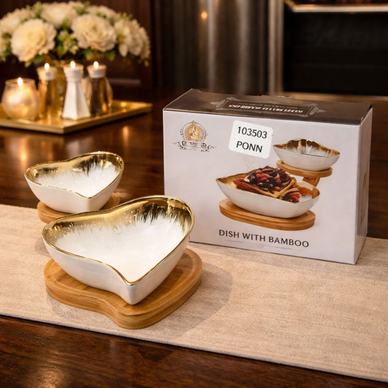 Heart-Shaped Gold-Rimmed Ceramic Serving Set – 2-Piece Aesthetic Snack Bowls with Natural Bamboo Bases - Trenducts.pk