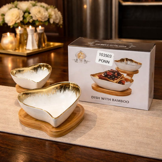 Heart-Shaped Gold-Rimmed Ceramic Serving Set – 2-Piece Aesthetic Snack Bowls with Natural Bamboo Bases - Trenducts.pk