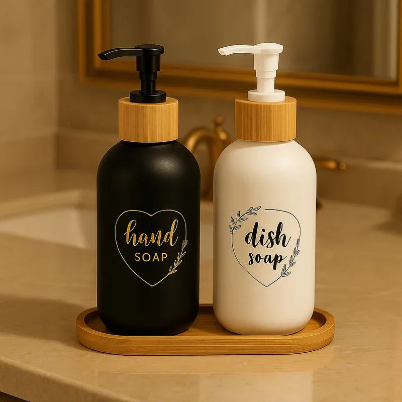 Modern Hand & Dish Soap Dispenser Set with Wooden Base - Clarify.pk