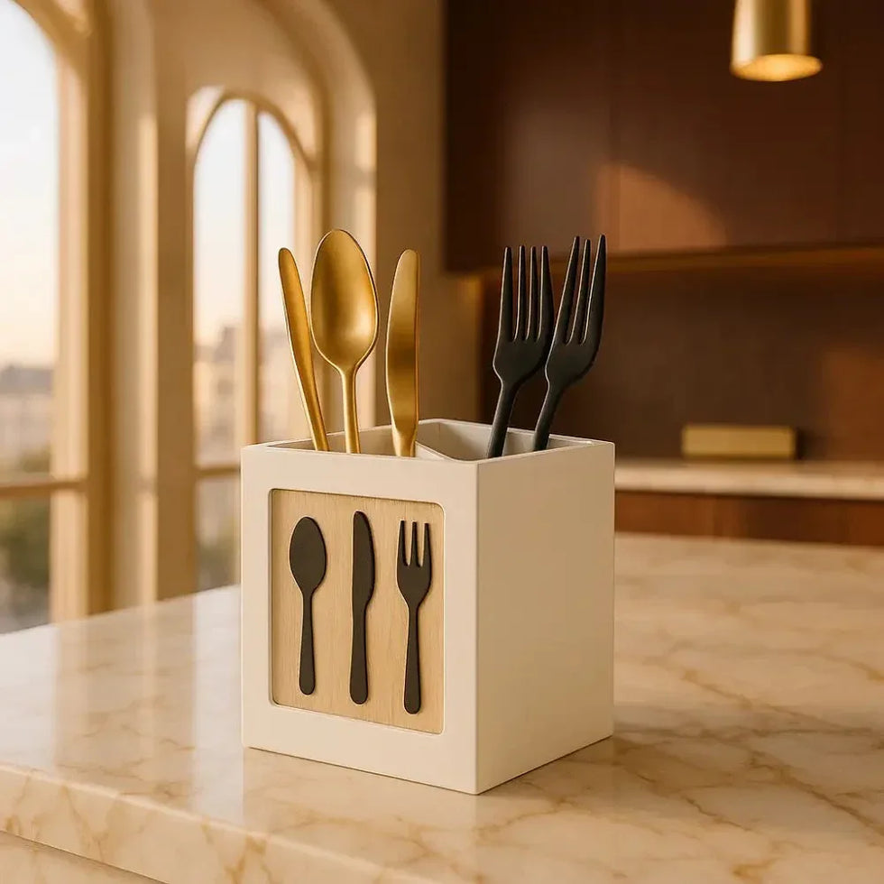 Kitchen Cutlery Organizer Box with Wooden Design - Clarify.pk