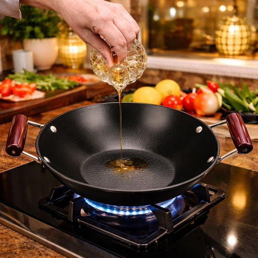 Iron wok dry pot with wooden handles on gas stove for home kitchen cooking