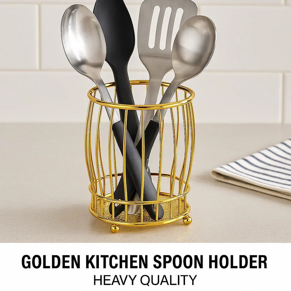 Golden Kitchen Spoon Holder - Stylish Utensil Rack - Clarify.pk