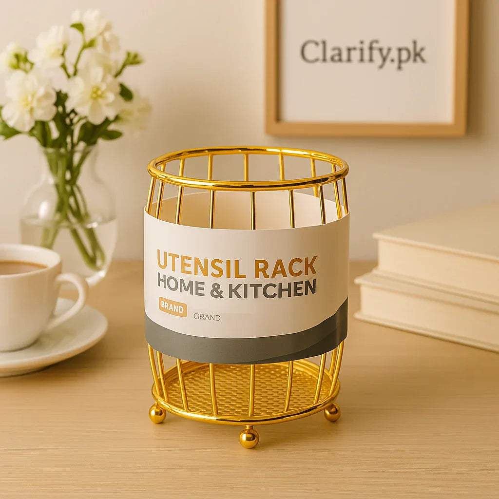 Golden Kitchen Spoon Holder - Stylish Utensil Rack - Clarify.pk
