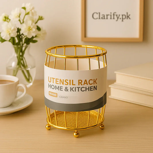Golden Kitchen Spoon Holder - Stylish Utensil Rack - Clarify.pk