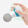 Handheld muscle massager for back pain in white and blue held in hand with vibration effect