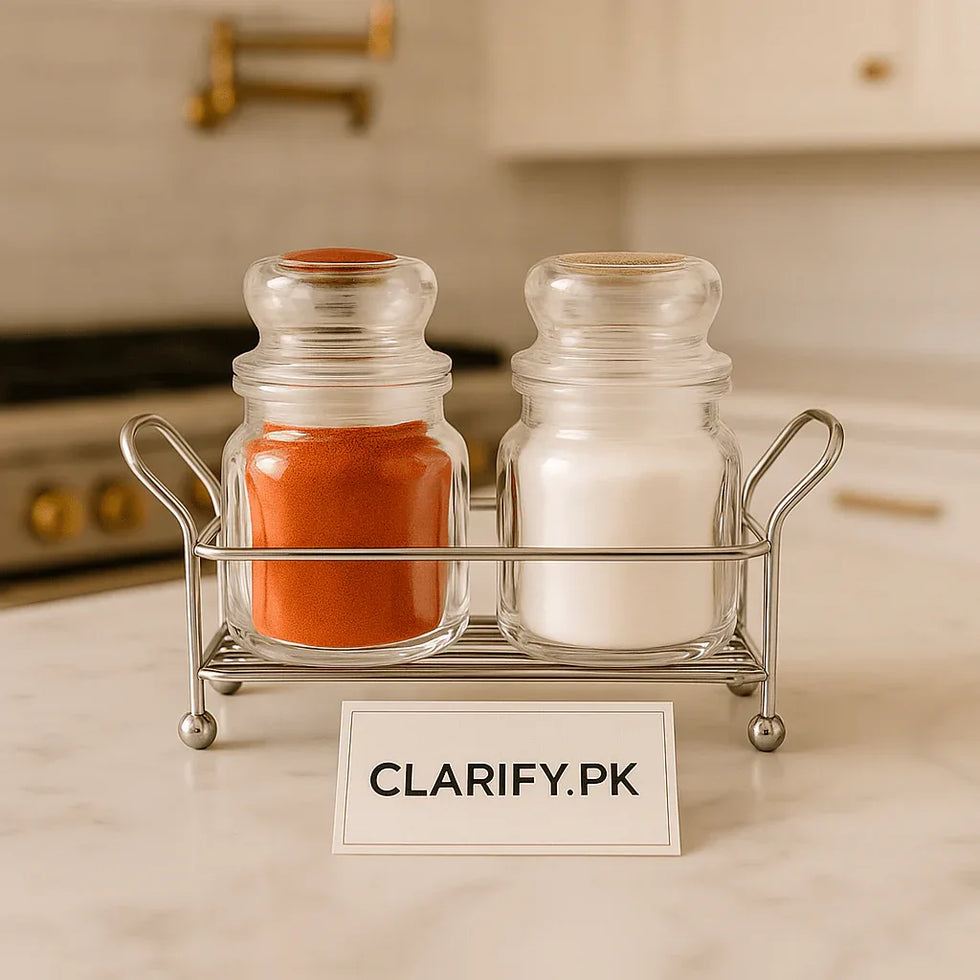 Luxury Glass Spice Jar Set with Elegant Metal Holder – Salt & Pepper Shakers - Clarify.pk