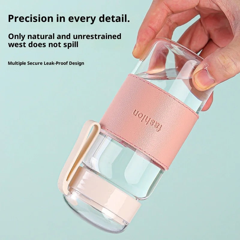 Glass Water Bottle with Leather Sleeve & Rope Handle (320ml) GH