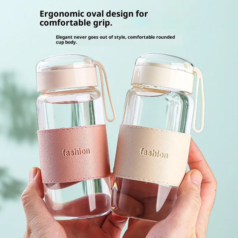 Glass Water Bottle with Leather Sleeve & Rope Handle (320ml) GH