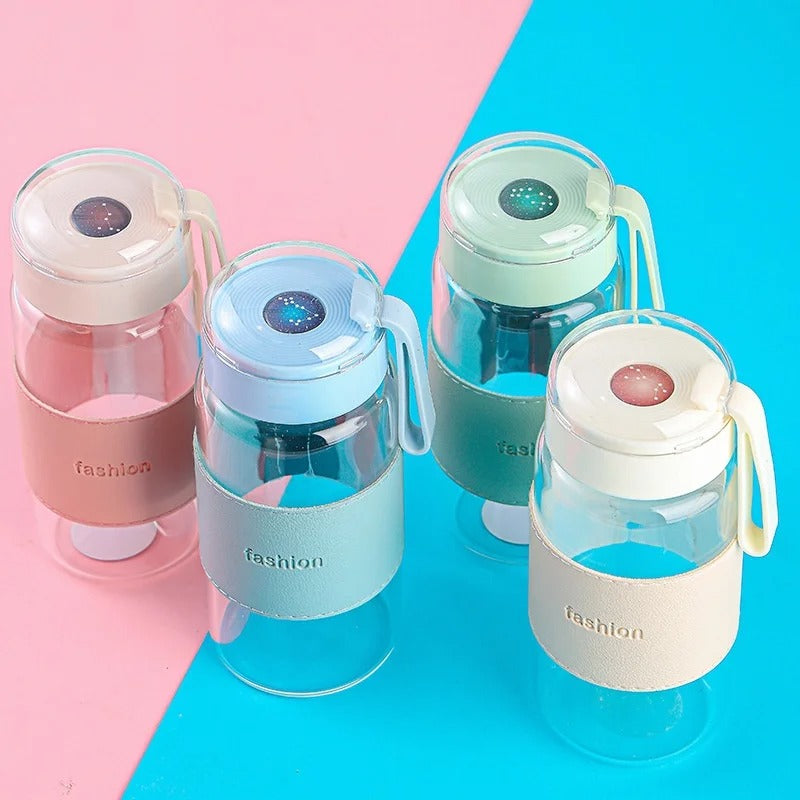 Glass Water Bottle with Leather Sleeve & Rope Handle (320ml) GH