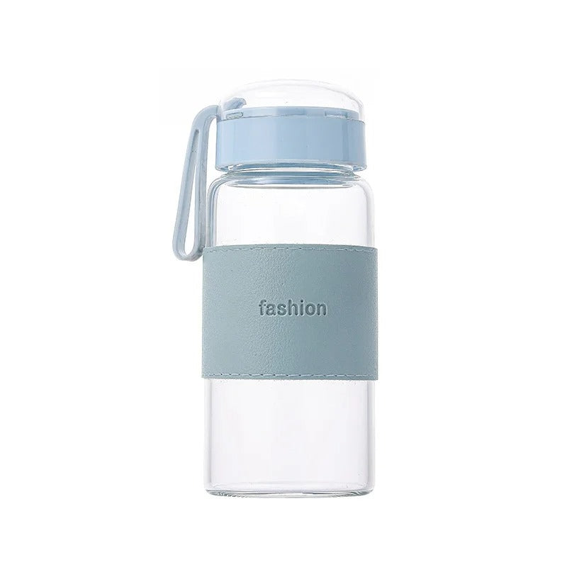 Glass Water Bottle with Leather Sleeve & Rope Handle (320ml) GH