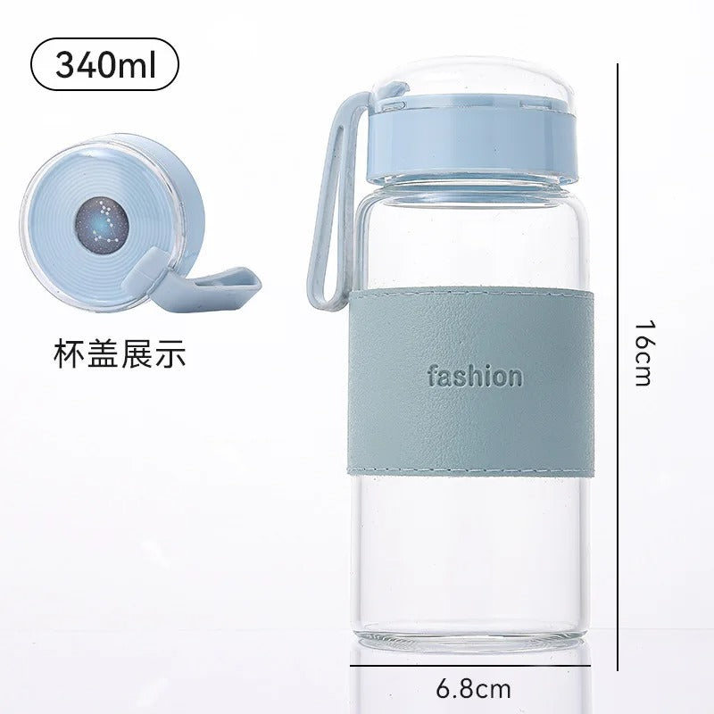 Glass Water Bottle with Leather Sleeve & Rope Handle (320ml) GH