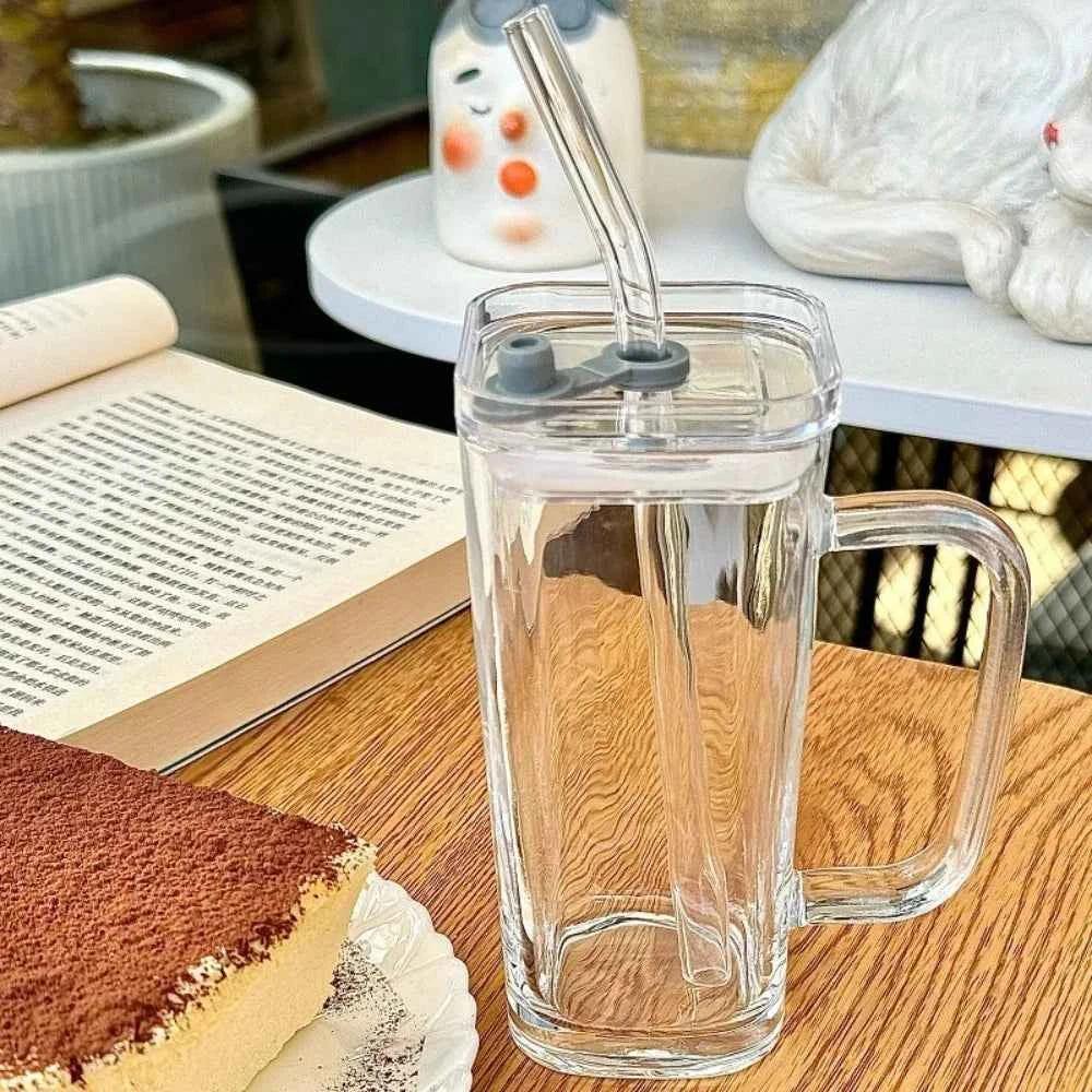 Stylish Square Glass Mug with Straw - Clarify.pk