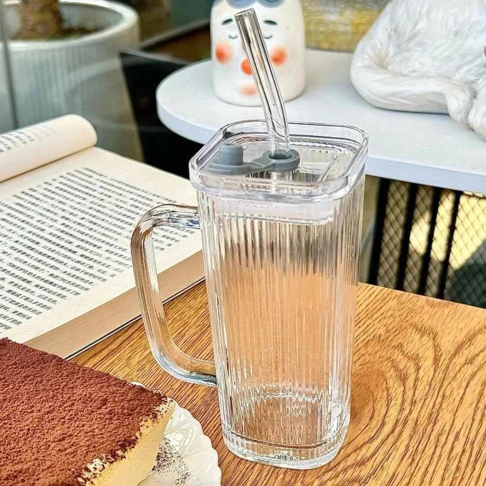 Stylish Square Glass Mug with Straw - Clarify.pk