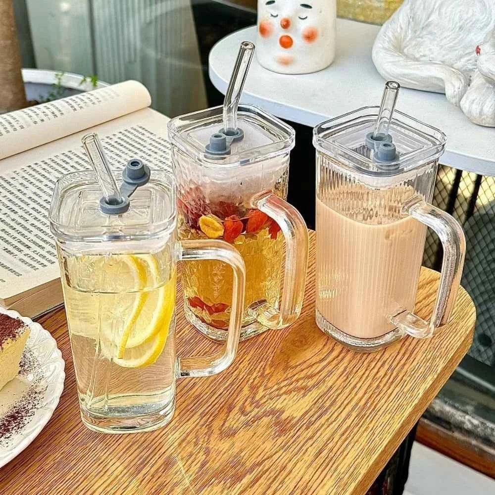 Stylish Square Glass Mug with Straw - Clarify.pk