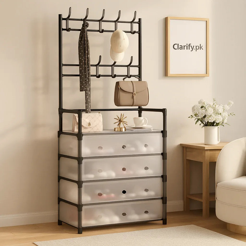 Multi-Functional 4-Layer Shoe and Coat Rack – 77cm Wide Dustproof Organizer - Clarify.pk