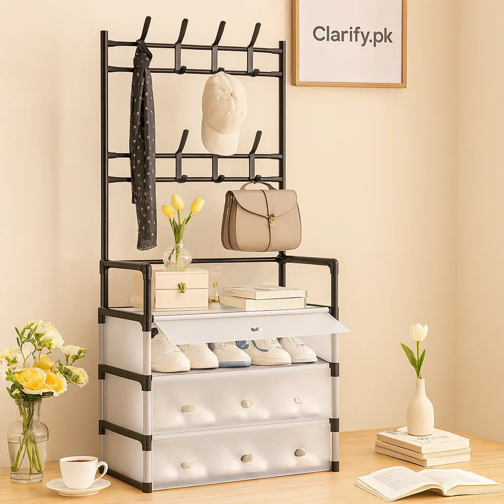 Multi-Functional 4-Layer Shoe and Coat Rack – 77cm Wide Dustproof Organizer - Clarify.pk
