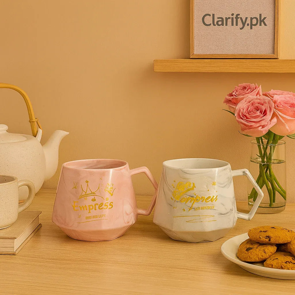 White and Pink Ceramic Mugs Set with Gold Print - Clarify.pk